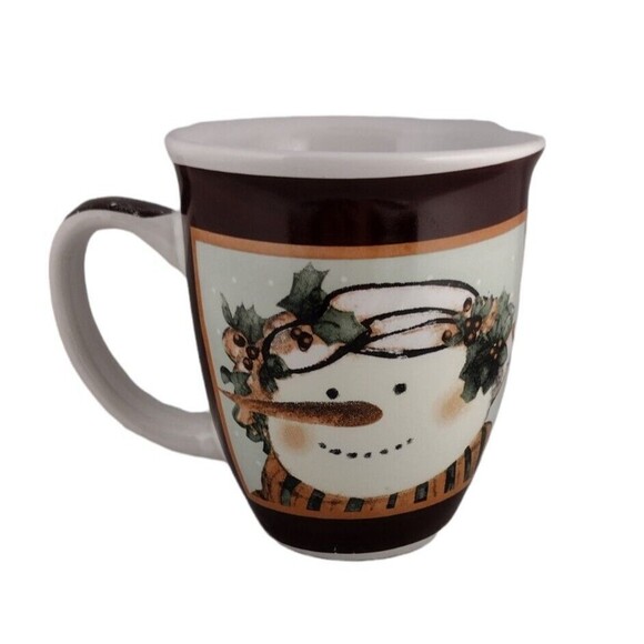 Snowman Coffee Mug Tea Cup Holiday Christmas Holly Scarf White Brown Read - Picture 2 of 7
